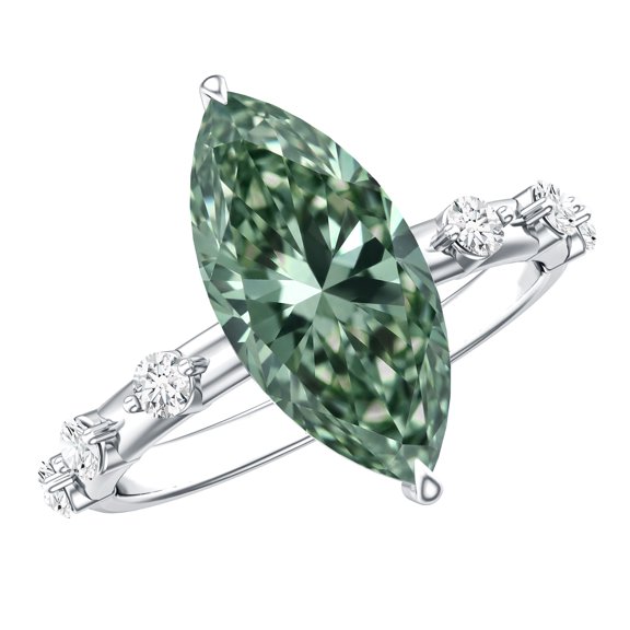 Rosec Jewels IGI Certified Lab Grown Green Diamond Marquise Engagement Ring 3 Carat - Green and White Diamond Ring - VS1 Grade, 925 Sterling Silver, US 4.00