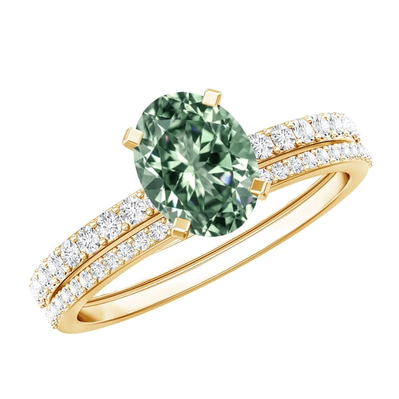 Rosec Jewels IGI Certified Lab Grown Green Diamond Oval Wedding Ring Set - VS1 Quality - 1 Carat Engagement Ring with Band, 10K Yellow Gold, US 7.50