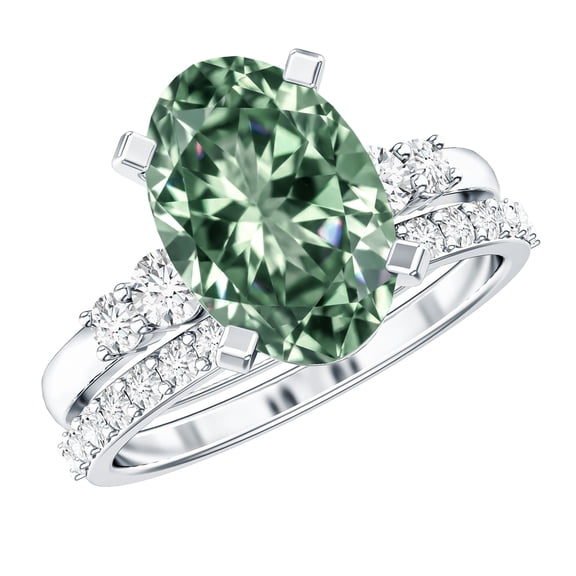 Rosec Jewels IGI Certified Lab Grown Green Diamond Wedding Bridal Ring Set (VS1 Quality) - 4 Carat Oval Engagement Ring with Band, 925 Sterling Silver, US 4.00