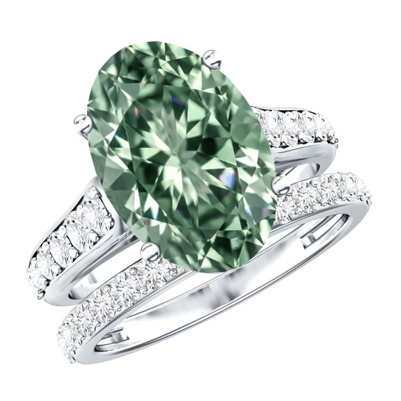 Rosec Jewels IGI Certified Lab Grown Green Diamond Wedding Ring Set - VS1 Grade - 5 Carat Big Oval Engagement Ring with Band, 925 Sterling Silver, US 4.00