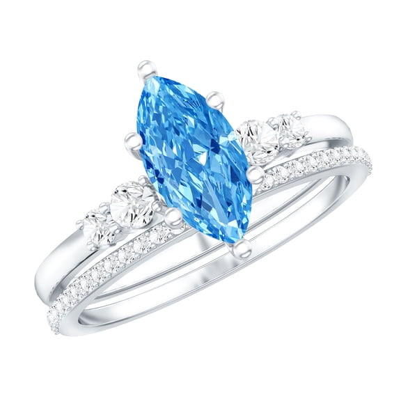 Rosec Jewels IGI Certified Marquise Lab Grown Blue Diamond Wedding Ring Set - VS1 Grade - 1 Carat Engagement Ring with Band, 925 Sterling Silver, US 4.00