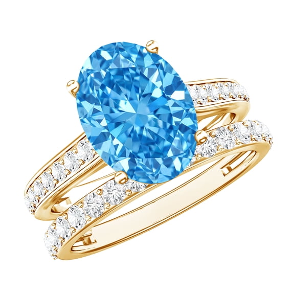 Rosec Jewels IGI Certified Oval Lab Grown Blue Diamond 3 Carat Engagement Ring with Wedding Band - Vivid Blue Color VS1 Clarity, 14K Yellow Gold, US 13.00