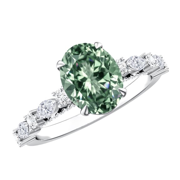 Rosec Jewels IGI Certified Oval Lab Grown Green Diamond 2 Carat Engagement Ring - VS1 Grade - Green and White Diamond Ring, 925 Sterling Silver, US 4.00