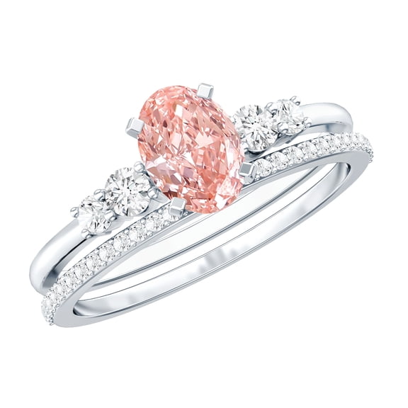 Rosec Jewels IGI Graded Lab Grown Pink Diamond 1 Ct Engagement Ring with Band (VS1 Clarity), 925 Sterling Silver, US 4.00