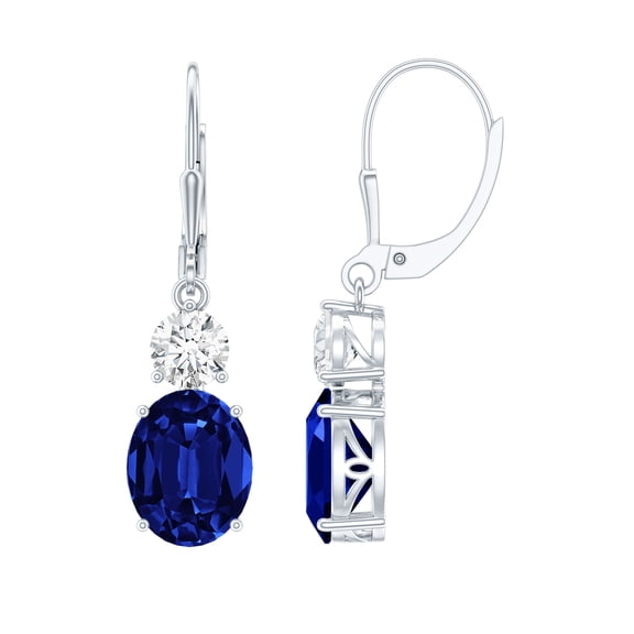 Rosec Jewels Certified Lab Grown Blue Sapphire Hoop Drop Earrings for Women - 8 Carat Oval - AAAA Grade - Ready to Gift, 14K White Gold