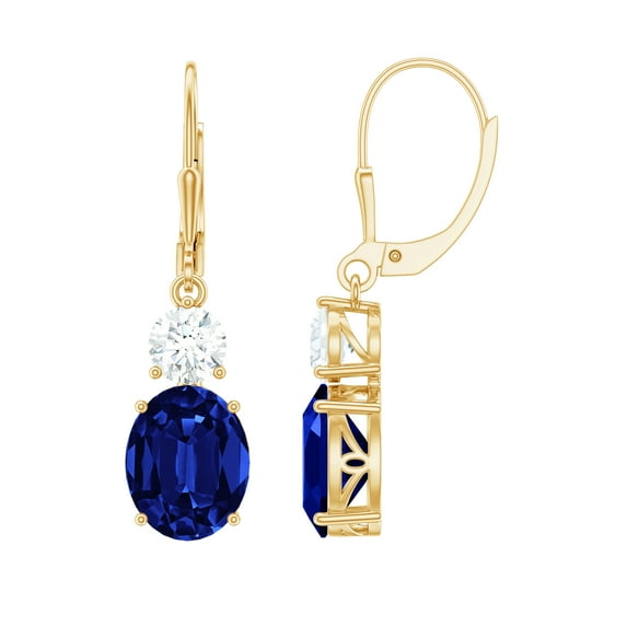 Lab Created Blue Sapphire Bridal Earrings with Moissanite for Women - AAAA Quality, 18K Yellow Gold