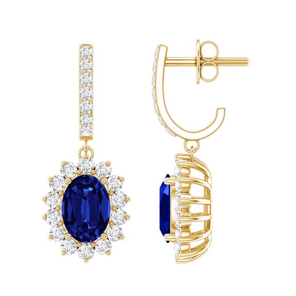 Rosec Jewels Lab Created Blue Sapphire Drop Earrings with Moissanite Halo (AAAA Grade Sapphire) - Anniversary Gift, 10K Yellow Gold