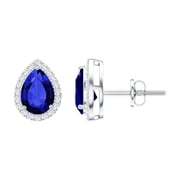 Rosec Jewels Lab Grown Blue Sapphire Studs - Sterling Silver Sapphire Teardrop Earrings - September Birthstone - with Jewelry Box