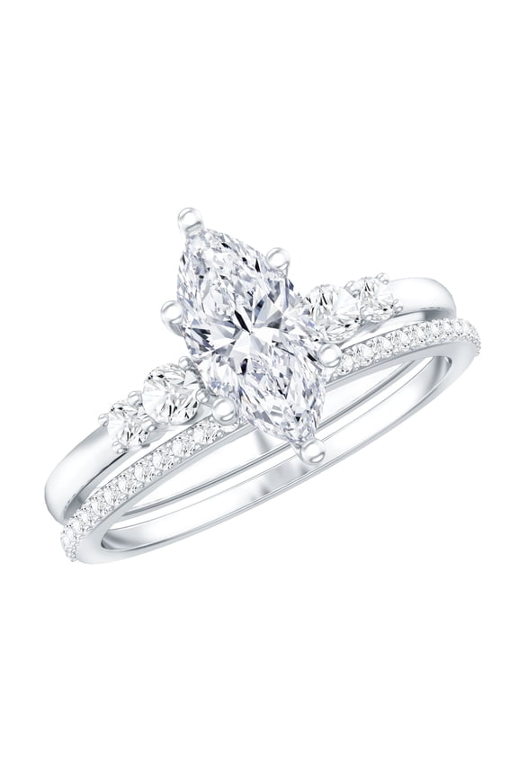 Lab Created Diamond Bridal Ring Set of 2 - Marquise Engagement Ring with Wedding Band - EF-VS Quality Certified, 925 Sterling Silver, US 8.50