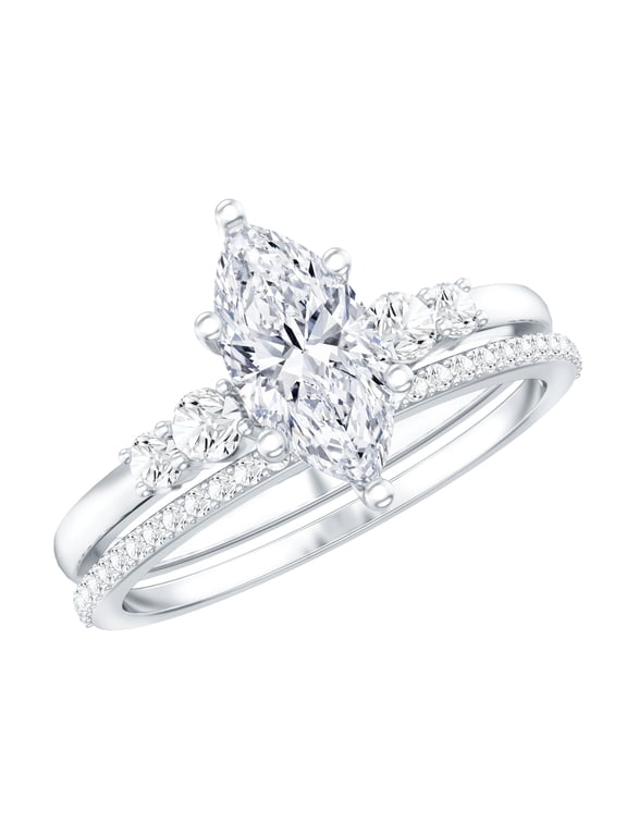 Lab Created Diamond Bridal Ring Set - 1 Carat Marquise Engagement Ring with Wedding Band - EF-VS Quality Certified, 18K White Gold, US 8.00