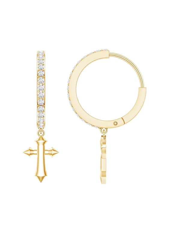 Lab Created Diamond Cross Drop Huggie Earrings - Hinged Hoop Diamond Earrings for Christmas (Ef-Vs Quality), 14K Yellow Gold