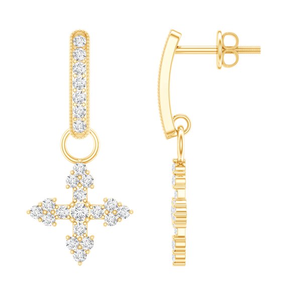 Rosec Jewels Lab Created Diamond Cross Earrings with Screw Back - Cross Drop Earrings - EF-VS Grade, 14K Yellow Gold