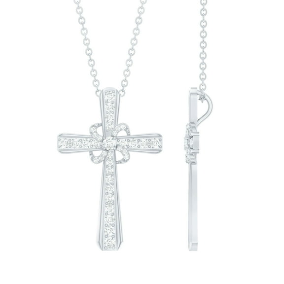 Rosec Jewels Lab Created Diamond Cross Necklace with Flower (Ef-Vs Quality), Chain included - Ready to Gift for Christmas, 14K White Gold