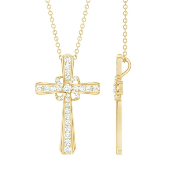 Rosec Jewels Lab Created Diamond Cross Necklace with Flower (Ef-Vs Quality), Chain included - Ready to Gift for Christmas, 14K Yellow Gold