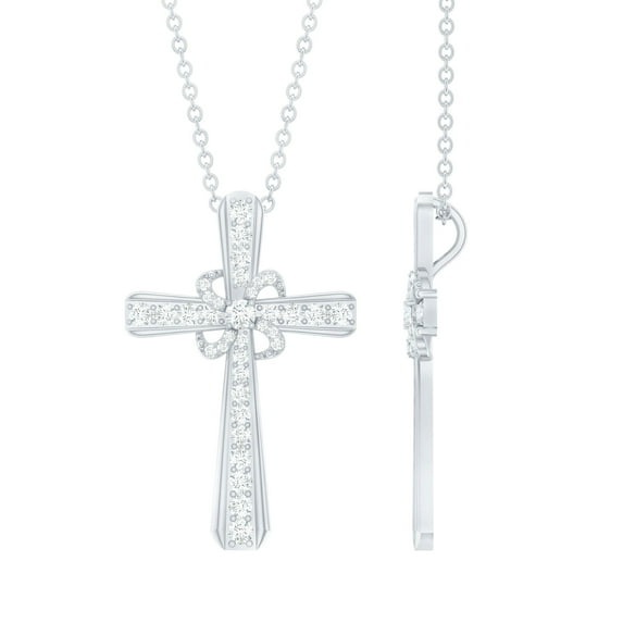 Rosec Jewels Lab Created Diamond Cross Necklace with Flower (Ef-Vs Quality), Chain included - Ready to Gift for Christmas, 18K White Gold