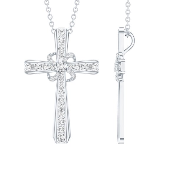 Rosec Jewels Lab Created Diamond Cross Necklace with Flower (Ef-Vs Quality), Chain included - Ready to Gift for Christmas, 18K White Gold
