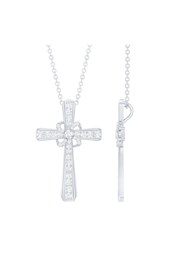 Lab Created Diamond Cross Necklace with Flower (Ef-Vs Quality), Chain included - Ready to Gift for Christmas, 925 Sterling Silver