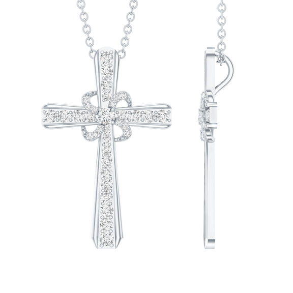 Rosec Jewels Lab Created Diamond Cross Necklace with Flower (Ef-Vs Quality), Chain included - Ready to Gift for Christmas, 925 Sterling Silver