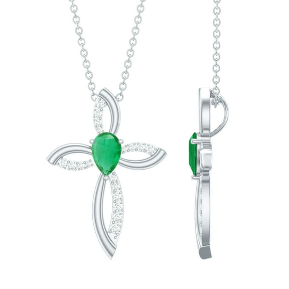 Rosec Jewels Lab Created Diamond Cross Necklace with Emerald (Chain Included) - Cross Infinity Necklace - Ready to Gift for Christmas, 925 Sterling Silver