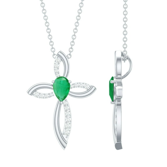 Rosec Jewels Lab Created Diamond Cross Necklace with Emerald (Chain Included) - Cross Infinity Necklace - Ready to Gift for Christmas, 925 Sterling Silver