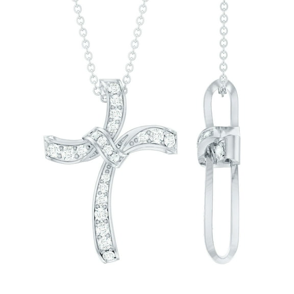 Rosec Jewels Lab Created Diamond Cross Necklace for Women (Ef-Vs Quality) - Ribbon Cross Pendant - Ready to Gift for Christmas, 14K White Gold