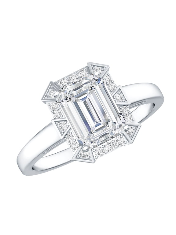 Lab Created Diamond Emerald Cut Engagement Ring with Halo - 1.87 Carat - Vintage Style Ring - EF-VS Quality, 925 Sterling Silver, US 7.00