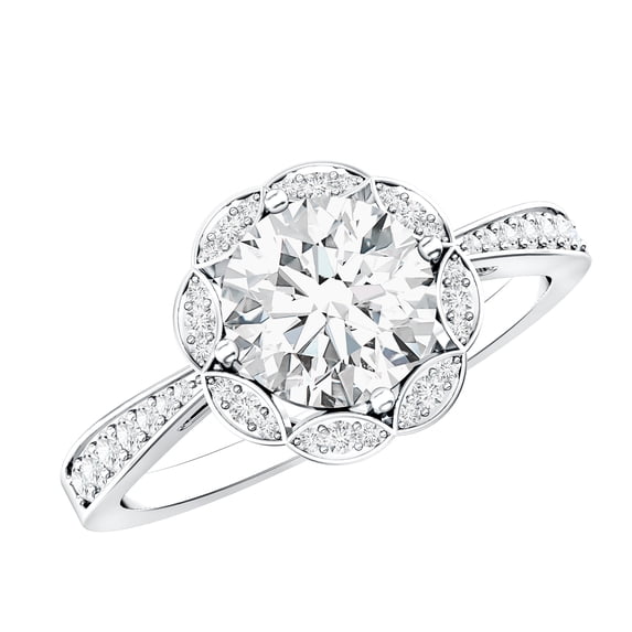 Rosec Jewels - Lab Created Diamond Engagement Ring - Designer Floral Halo Ring - EF-VS Quality, 10K White Gold, US 10.50