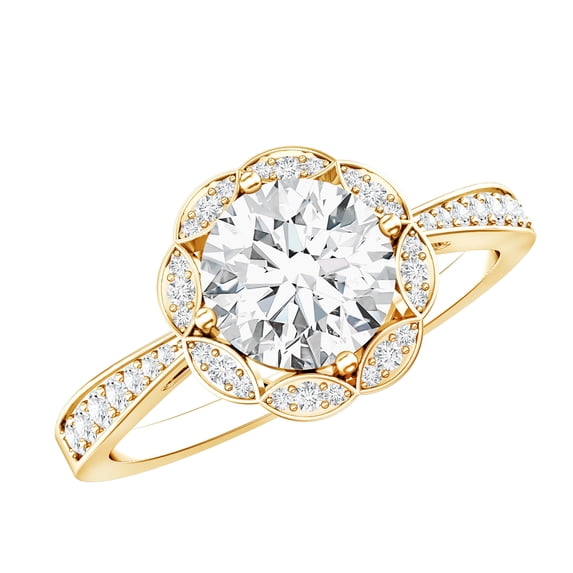 Rosec Jewels - Lab Created Diamond Engagement Ring - Designer Floral Halo Ring - EF-VS Quality, 10K Yellow Gold, US 12.50
