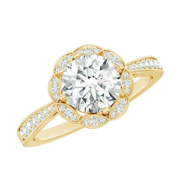 Rosec Jewels - Lab Created Diamond Engagement Ring - Designer Floral Halo Ring - EF-VS Quality, 14K Yellow Gold, US 7.00