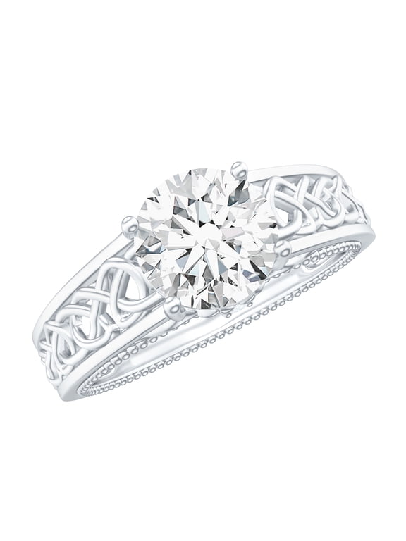 Lab Created Diamond Engagement Ring - Vintage Style Celtic Knot Ring (1 Carat, EF-VS Quality Certified), 14K White Gold, US 9.00