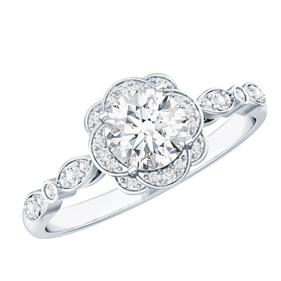 Rosec Jewels Lab Created Diamond Engagement Ring with Halo - Designer Ring - EF-VS Quality, 14K White Gold, US 9.00