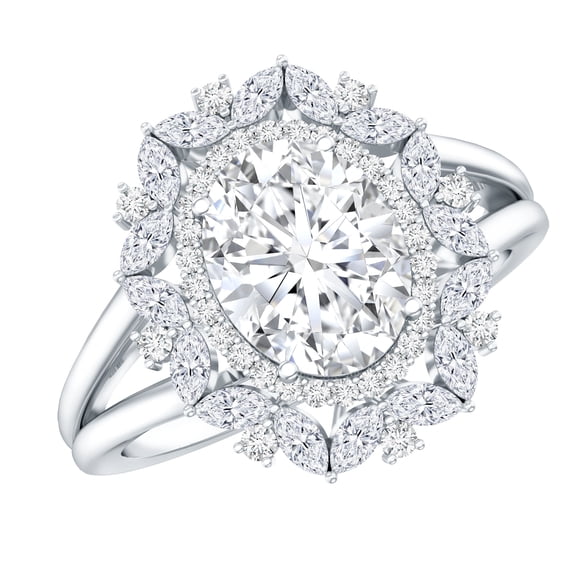 Rosec Jewels Lab Created Diamond Engagement ring with Double Halo (Ef-Vs Quality) - Statement ring for Women, 14K White Gold, US 6.00