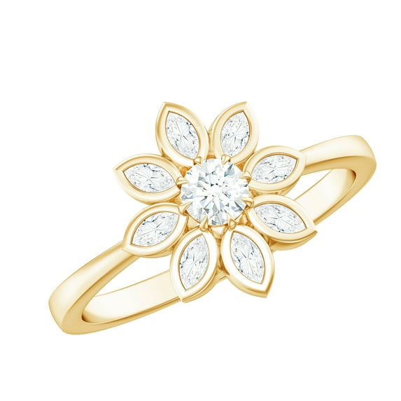 Rosec Jewels Lab Created Diamond Floral Ring (Ef-Vs Quality) - 8 Petal Flower Ring - Statement Cocktail Ring, 10K Yellow Gold, US 8.50