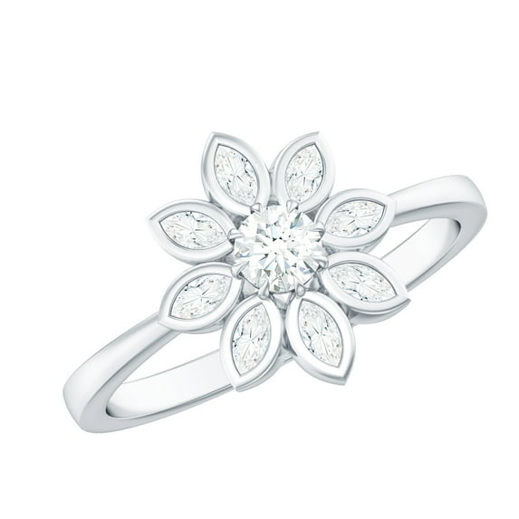 Rosec Jewels Lab Created Diamond Floral Ring (Ef-Vs Quality) - 8 Petal Flower Ring - Statement Cocktail Ring, 18K White Gold, US 4.00