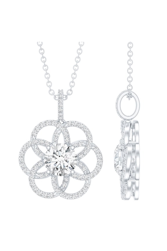 Lab Created Diamond Flower Pendant Necklace with Chain (EF-VS Quality), with Jewelry Box, 14K White Gold
