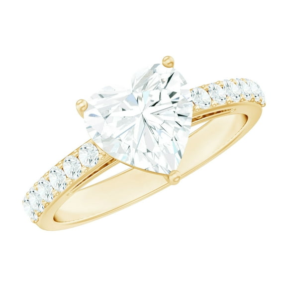 Rosec Jewels Lab Created Diamond Heart Engagement Ring with Side Stones (2 Ct, 8 mm, Ef-Vs Quality), 10K Yellow Gold, US 11.00