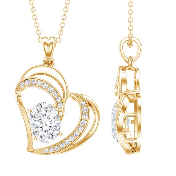 Rosec Jewels Lab Grown Diamond Heart Pendant with Chain - Double Heart Necklace for Women - Ready to Gift for Valentines Day, 10K Yellow Gold