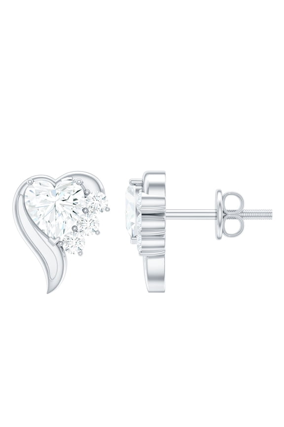 Lab Created Diamond Heart Stud Earrings with Screw Back - 1 Carat - EF-VS Quality Certified, 925 Sterling Silver