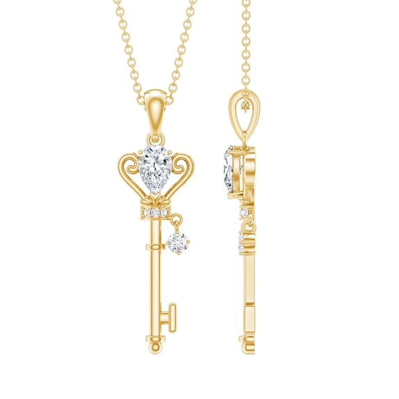 Rosec Jewels Lab Created Diamond Key Pendant with Chain (5X7 mm Pear Diamond - EF-VS Quality) - Ready to Gift, 10K Yellow Gold