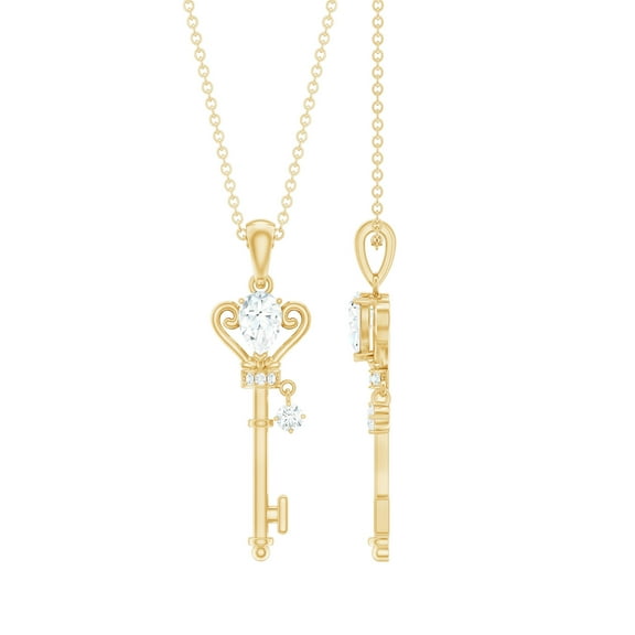 Rosec Jewels Lab Created Diamond Key Pendant with Chain (5X7 mm Pear Diamond - EF-VS Quality) - Ready to Gift, 14K Yellow Gold