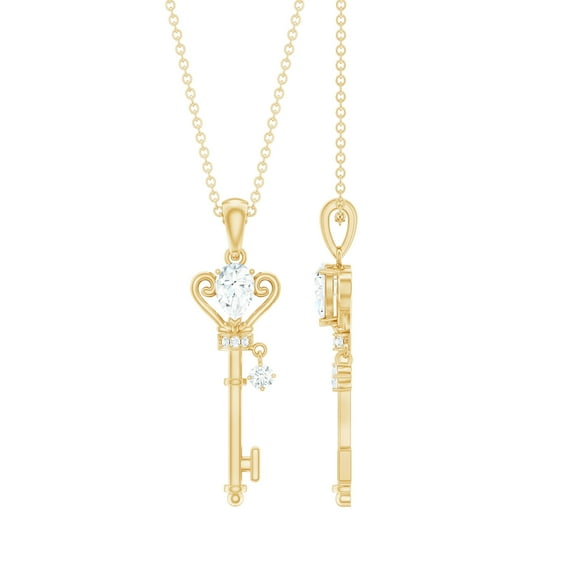 Rosec Jewels Lab Created Diamond Key Pendant with Chain (5X7 mm Pear Diamond - EF-VS Quality) - Ready to Gift, 14K Yellow Gold