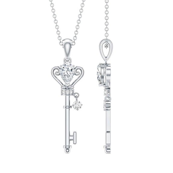 Rosec Jewels Lab Created Diamond Key Pendant with Chain (5X7 mm Pear Diamond - EF-VS Quality) - Ready to Gift, 925 Sterling Silver