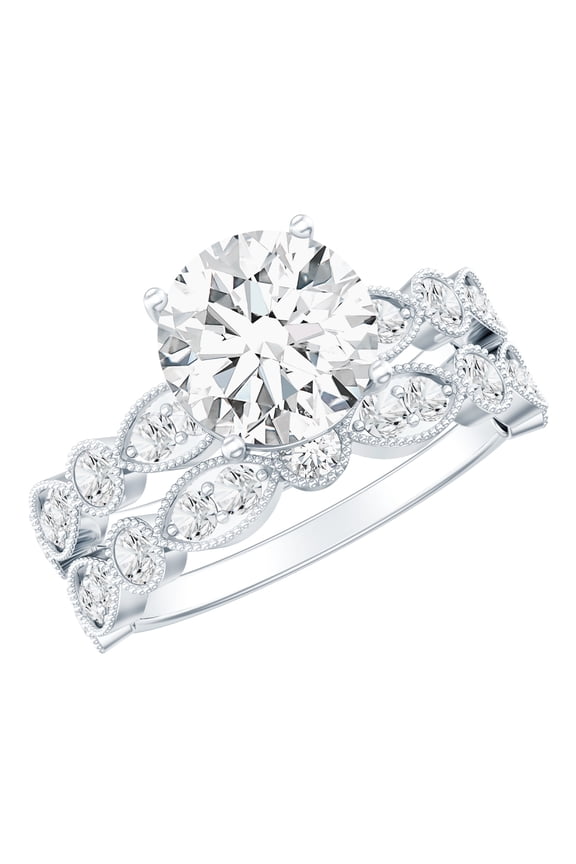 Lab Created Diamond Ring Set - 8 mm Round Engagement Ring with Wedding Band - EF-VS Grade, 925 Sterling Silver, US 4.00