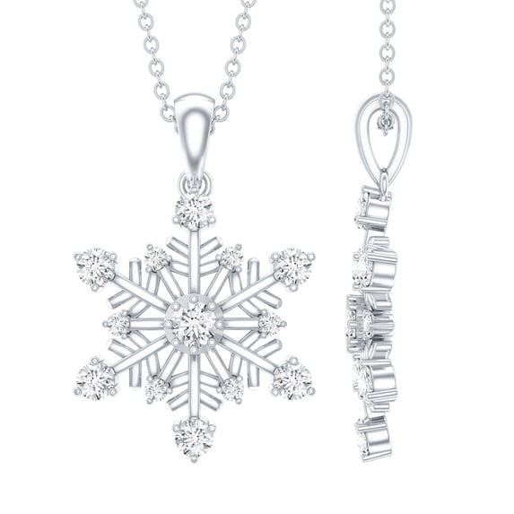 Rosec Jewels Lab Created Diamond Snowflake Pendant with Chain (EF-VS Quality) - Winter Necklace Ready to Gift for Christmas, 18K White Gold