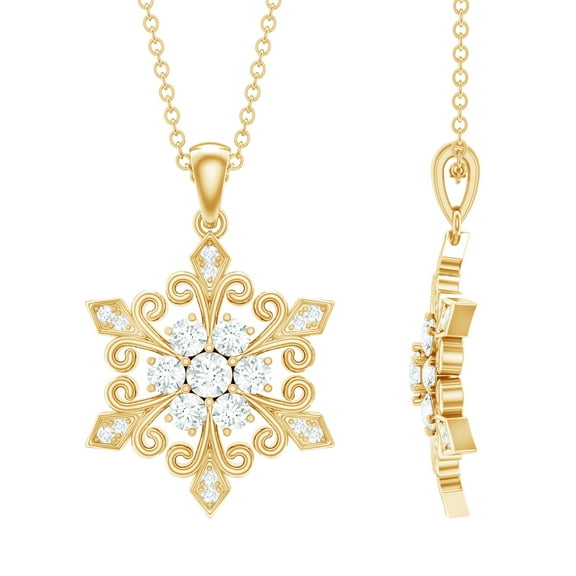 Rosec Jewels Lab Created Diamond Snowflake Pendant with Chain (Ef-Vs Quality) - Winter Necklace for Christmas - Ready to Gift for Women, 14K Yellow Gold