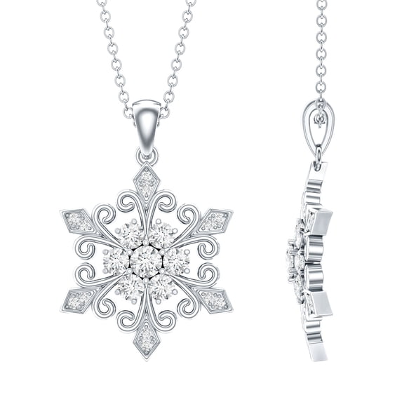 Rosec Jewels Lab Created Diamond Snowflake Pendant with Chain (Ef-Vs Quality) - Winter Necklace for Christmas - Ready to Gift for Women, 18K White Gold