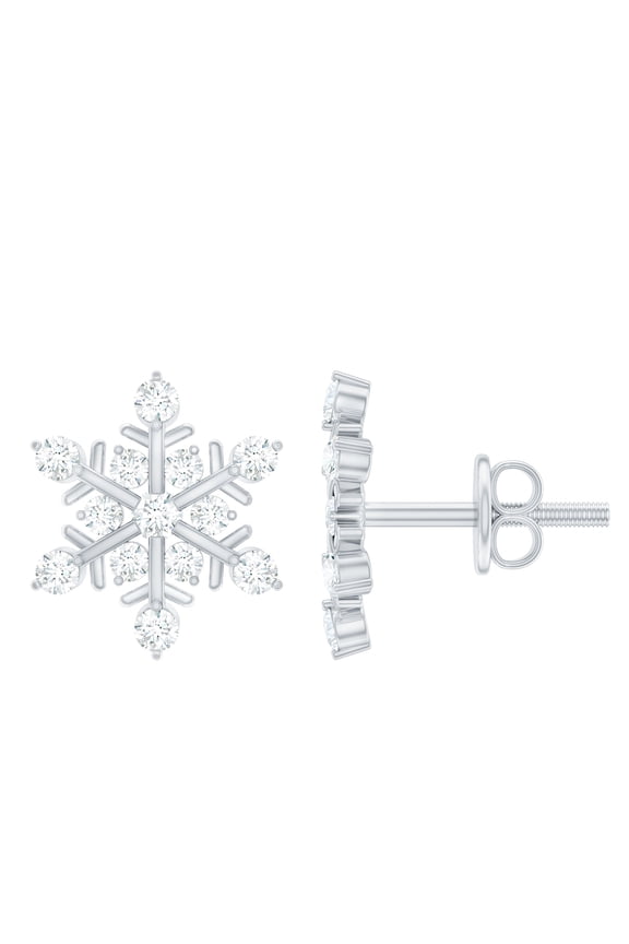 Lab Grown Diamond Snowflake Stud Earrings for Women (Ef-VS Quality), Screw Back - Ready to Gift for Christmas, 14K White Gold
