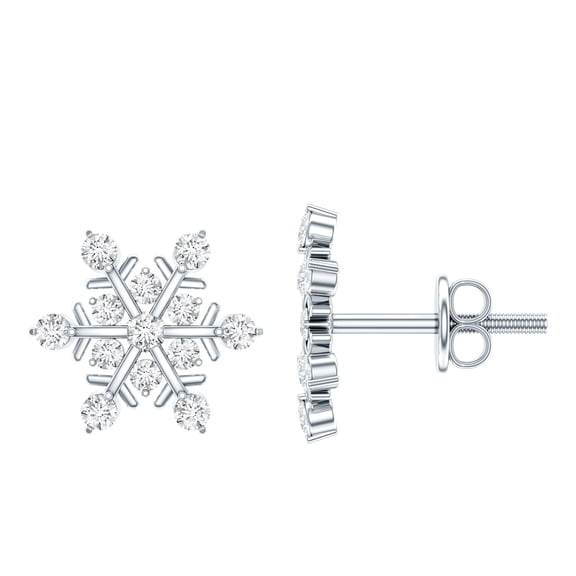 Rosec Jewels Lab Grown Diamond Snowflake Stud Earrings for Women (Ef-VS Quality), Screw Back - Ready to Gift for Christmas, 925 Sterling Silver