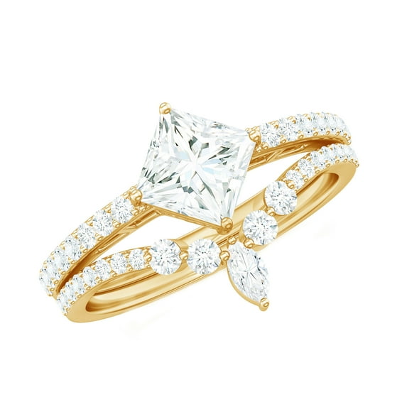 Rosec Jewels - Lab Created Diamond Wedding Rings Set - Princess Cut Engagement Ring 1 Ct - Ef-Vs Quality, 14K Yellow Gold, US 7.50