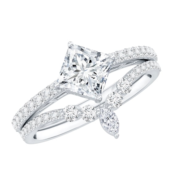 Rosec Jewels - Lab Created Diamond Wedding Rings Set - Princess Cut Engagement Ring 1 Ct - Ef-Vs Quality, 18K White Gold, US 11.50